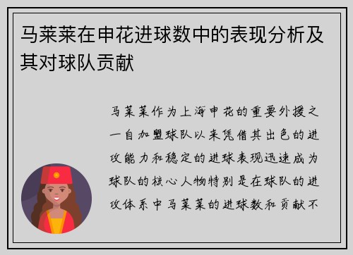 马莱莱在申花进球数中的表现分析及其对球队贡献
