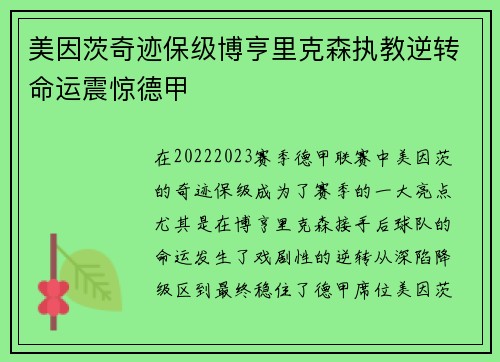 美因茨奇迹保级博亨里克森执教逆转命运震惊德甲