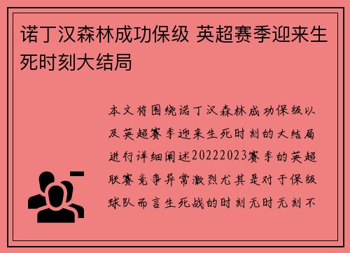 诺丁汉森林成功保级 英超赛季迎来生死时刻大结局